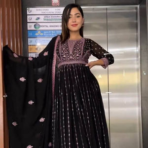 Latest Arrival Luxury Fashion Designer Faux Georgette <b>Kurti</b> Palazzo Set with Embroidery Work at Competitive Price - Product Image 1