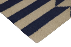 Alfombra Moderna de Diseño Transicional, Ecológica, Tejida a Mano, de Lana Fina, Color Beige y Azul, con Rayas Chevron Geométricas, Juego de Alfombras Planas - Product Image 3