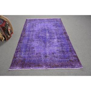 Tapis turc vintage moderne de 3.9x7 pieds violet en laine tissée à plat avec motif patchwork pour les décorations de salon ou le couloir - Product Image 1