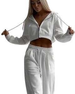 Customized <b>Women</b> <b>Grey</b> Crop <b>Zip</b> <b>Hoodie</b> Casual Long Sleeve Hooded Sweatshirt With Front Zipper Rib Cuff Fashion Winter Wear Top - Product Image 4