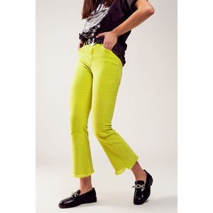 Pantaloni Casual in Velluto a Coste Verde Lime a Zampa d'Elefante, Vita Alta con Elastico, Gamba Larga, Cinque Tasche, Passanti per Cintura, Chiusura con Zip, Taglia XL - Product Image 6
