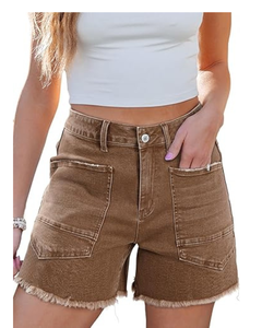 Pantalones cortos de mezclilla con dobladillo crudo elástico de cintura alta para mujer con bolsillos Pantalones cortos de mezclilla transpirables informales de verano e invierno - Product Image 1