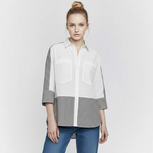 Chemise décontractée pour femmes à rayures, col rabattu, manches trois quarts, popeline lavable, printemps été - Product Image 1