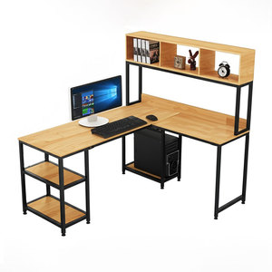 L-shaped Rubber Wood & Iron Frame <b>Computer</b>/Laptop <b>Table</b> with Integrated Bookshelf 160x140x158cm - Product Image 1