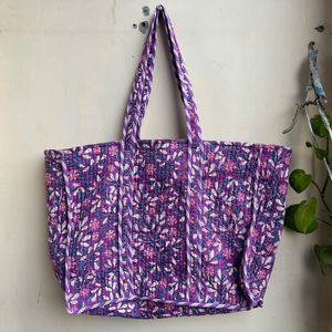 Bolso de lona acolchado de algodón, bolso de hombro con parche, estampado a mano, Floral, ecológico, sostenible, para compras de Yoga, bolso de fin de semana bohemio - Product Image 1