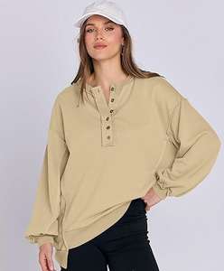 Women's Oversized Sweatshirts Long Sleeve Henley Button Down Pullover Hoodies <b>Tunic</b> Tops 2025 Trendy Fall Clothes - Product Image 1