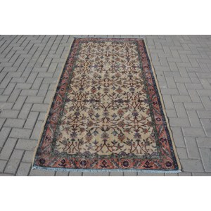 พรมตุรกีวินเทจคลาสสิกสีเบจสีแดง3.7 x 6.7ft พื้นที่ขนาดใหญ่ขนสัตว์เย็บปะติดปะต่อกันด้วยยางรองสำหรับห้องโถงหรือห้องนอน - Product Image 1