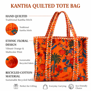 Sac fourre-tout matelassé Kantha avec motif géométrique, poignée en ruban de coton recyclé cousue à la main, pliable pour un usage quotidien et pour offrir en cadeau - Product Image 6