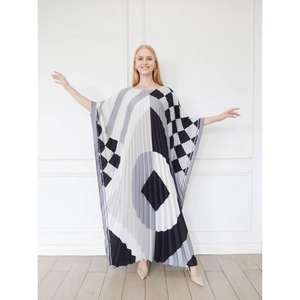 <b>Women</b> Black White Geometric Printed Pleated <b>Kaftan</b> <b>Dress</b> Flare Sleeve Loose Fit Floor-Length Resort Evening Wear - Product Image 1