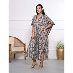 100% Cotton Hand Block Printed <b>Kaftan</b> Elegant Casual Lady Floor-Length Dress for Leisure & Valentine's Day - Product Image 5