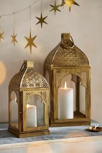 Elegant <b>Gold</b> Metal Candle <b>Lantern</b> Set with Removable Lid Intricate Cutwork Warm Glow Perfect for Festive Home Decor - Product Image 3