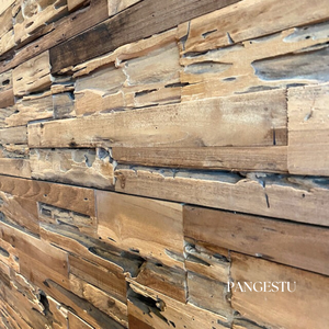Panneau mural en mosaïque géométrique en bois de teck naturel, revêtement décoratif en bois massif moderne insonorisant, style rustique pour salon - Product Image 2