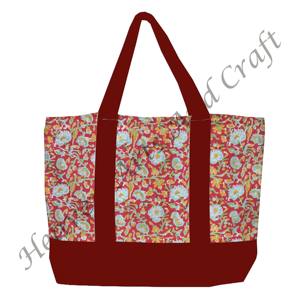 Sac fourre-tout en toile imprimé à la main avec poignée bordeaux, design floral multi-main, durable, deux bretelles, vente en gros BHCB074 - Product Image 3
