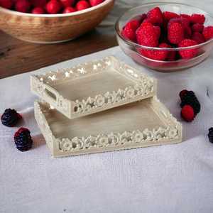 Designer <b>Single</b>-Tier Carved <b>Wooden</b> Serving Tray Solid Bamboo with White Wash Color for Home Use on Desk or Bathroom Tableware - Product Image 1