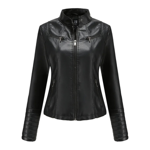 Veste de moto pour femme col montant Slim Fit Style décontracté veste en cuir véritable poche zippée de haute qualité - Product Image 2