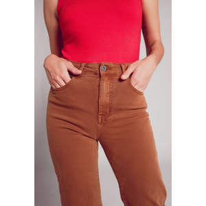 Jeans Anchos Color Camel, Cintura Alta, Decoración con Botones, Mezclilla Transpirable, Estilo Boyfriend, Corte Estándar Holgado, 100% Algodón, Talla 2XL - Product Image 2