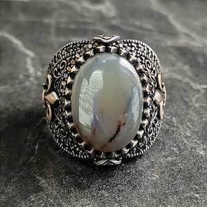 Men's Handmade Sterling <b>Silver</b> Cocktail <b>Ring</b> Oval White Agate Gemstone Royal Style Floral Fleur De Lys Symbol Bezel Setting - Product Image 2
