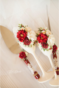 Ensemble de flûtes à champagne et de coupe-gâteau pour mariage, <span class=keywords><strong>bordeaux</strong></span> et ivoire, verres à champagne floraux, cadeau pour couple, fête de mariage, vente directe d'usine - Product Image 2