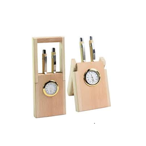 Portalápices de madera y reloj Portalápices de almacenamiento de escritorio multiusos con marco de fotos decorativo de forma cuadrada - Product Image 3