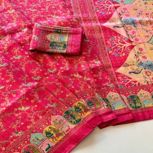 ผ้าซิ่นไหมแท้ VASTRA COTTAGE รุ่น Pure Softy พร้อมลายปักดิจิตอลแบบ Zari Jacquard ดีไซน์พิมพ์ลายผ้าพัชมีนา  ตกแต่งด้วยดิ้นดอริ พร้อมเสื้อคลุม - Product Image 6
