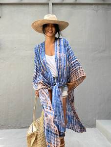 Kimono long floral pour femmes 2023, tie-dye, couvre-maillot de plage, ceinture, taille naturelle, longueur au sol, motif uni, style tissé pour l'été - Product Image 3