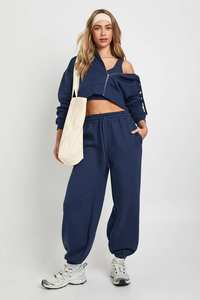 Ensemble de survêtement 2 pièces pour femme, design personnalisé, bleu marine, pantalon de jogging à revers et sweat à capuche zippé, respirant - Product Image 5