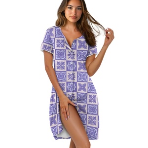 <span class=keywords><strong>Chemise</strong></span> <span class=keywords><strong>de</strong></span> <span class=keywords><strong>nuit</strong></span> hawaïenne à manches courtes et col rond avec boutons pour femmes Robe confortable imprimée à la demande sur mesure - Product Image 4