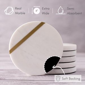 Luxury <b>White</b> Ceramic Classic <b>Coasters</b> Set of 6 with Gold Brass Inlay Durable & Eco-Friendly - Product Image 2