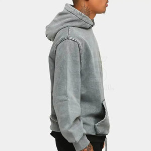 Sweat à capuche délavé à l'acide pour hommes avec un look simple et un cordon de serrage réglable Streetwear Cotton Blended Acid Wash Hoodie - Product Image 4