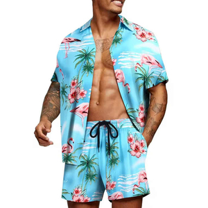 Nuevo estilo personalizado rayón tejido floral para hombre a juego de dos piezas Hawaiano playa conjuntos Impresión digital camisa y pantalones cortos conjunto servicio OEM - Product Image 1