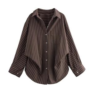 Camisa marrón a rayas de murciélago para mujer, manga larga con puños, bolsillos de parche, Parte delantera abotonada para blusa de mujer de oficina - Product Image 4