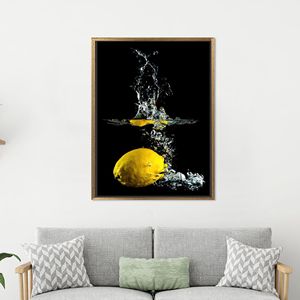 Modern Yellow 3D Lemon Canvas Print for Kitchen Decor,Gold <b>Framed</b> - Product Image 1