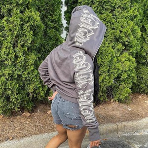 Sudadera con Capucha Gris de Algodón para Mujer, Manga Larga, Estampado de Letras, Tejida, Informal, con Cordón Frontal, Estilo Otoñal - Product Image 1