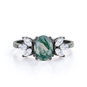 Bague de fiançailles classique personnalisable en argent sterling plaqué or 14 carats avec agate mousse ovale de 1,20 carat et double griffe pour mariages - Product Image 3