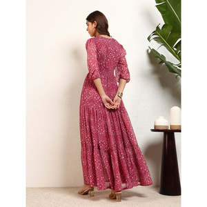 Vestido Maxi de Gasa con Estampado Bandhani, Corte en A, con Volantes y Mangas Abullonadas, Cuello en V, Estilo Casual de Verano para Mujer, Marca DEEBACO - Product Image 4