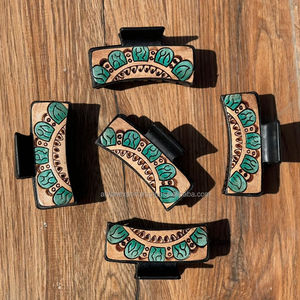 New Arrival Western Stylish Handmade Tooled Leather Cactus Print <b>Hair</b> <b>Claw</b> Clips Genuine Leather <b>Claw</b> <b>Hair</b> Accessories for Women - Product Image 2