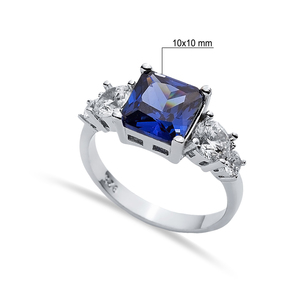 Square Cut Tanzanite Round <b>CZ</b> Stone Cluster <b>Ring</b> Design Wholesale Turkish Handmade 925 Sterling Silver Jewellery - Product Image 2