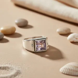 Bague signet pour homme en argent 925 avec pierre précieuse améthyste, sertie en cluster avec un serti en or 14 carats, bijoux fins et élégants, technologie d'incrustation - Product Image 2
