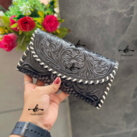 Dompet Tangan Ukir Tooled Casing Telepon Genggam Dompet Desain Baru Kulit Barat Multi Guna Bergaya untuk Wanita