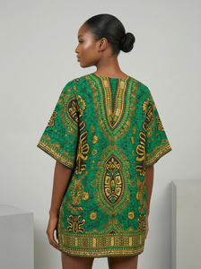Robe Dashiki Africaine pour Femme - Imprimé Bogolan Vert Premium en Lin et Coton, Manches Courtes, Respirante, Écologique, Coupe Ample Traditionnelle - Product Image 3
