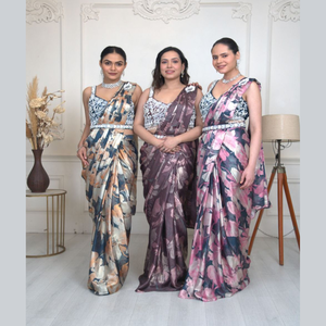 Saree de diseñador listo para usar en tela de satén dorado estampado con trabajo hecho a mano de alta calidad para una ropa festiva y de FIESTA DE LA India - Product Image 4