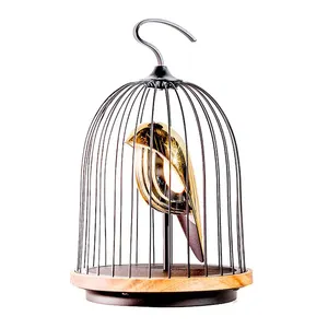 Popular item Metal Wire Hanging Bird Cage with Wooden Base Silver & Gold Colour with Hook & Decorative Bird for Home Decorations