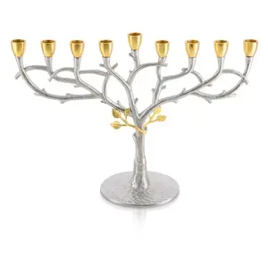 Bougeoir de table en métal menorah bicolore avec motif feuille - Product Image 3