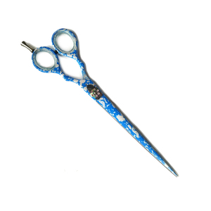 Ciseaux de toilettage pour animaux de compagnie de meilleure qualité Ciseaux de coiffure pour chien de beauté enduits de papier bleu et blanc avec vis fantaisie - Product Image 1