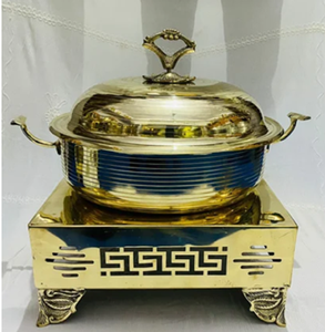 Plato de frotamiento dorado, diseño adornado, tapa, asas laterales, base de pedestal, servidor de Buffet, comedor elegante, disponible al por mayor - Product Image 3