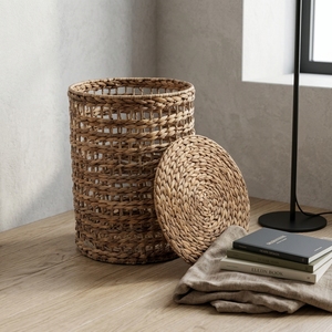 Natural Water Hyacinth Storage <b>Basket</b> <b>With</b> <b>Lid</b> Tall Cylinder Open Grid Weave Laundry Hamper Bin Pure Art Setup Room Decor Crafts - Product Image 5