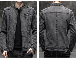 Veste en jean en coton pour homme avec fermeture éclair, design de veste de moto sportive brodée, col rabattu, veste finie - Product Image 2