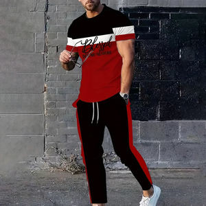 Conjunto de camiseta informal de bloque de color para hombre, 2 camisetas y pantalones de manga corta con cuello redondo - Product Image 1