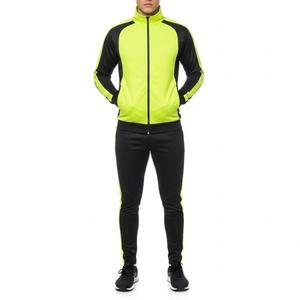 Ensemble de survêtement jaune fluo pour hommes, veste zippée respirante à manches raglan noires, ensemble de sport personnalisé - Product Image 1