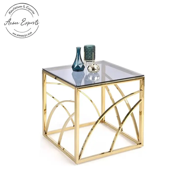 Tavolino moderno di lusso artigianale in oro con struttura in acciaio inossidabile-tavolino dorato con Design in vetro temperato grigio soggiorno